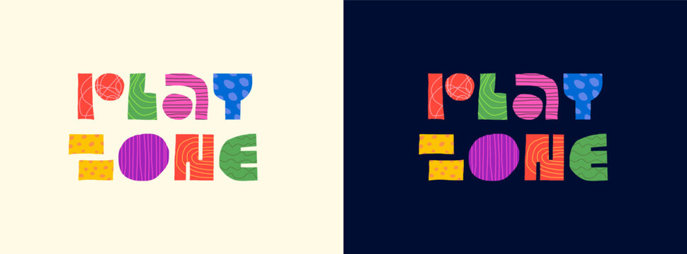 Play zone abstract decorative concept logo. Modern colorful graphic naive shapes letters for gamer kids playroom advertising. Children fun and game activity place trendy creative sign. Cartoon style