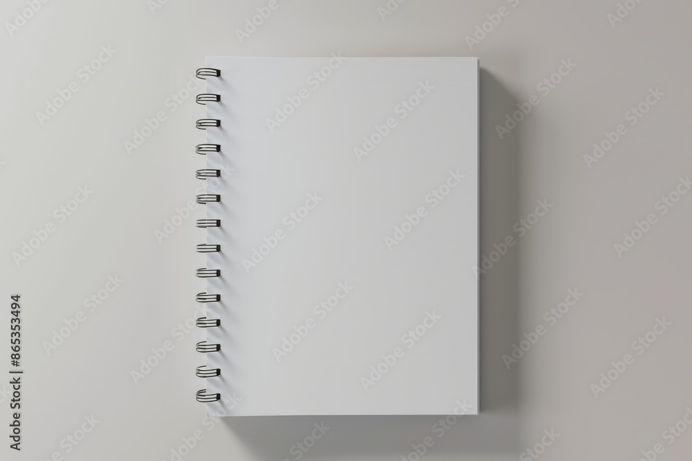 Poster A white notebook with a metal spiral binding is blank on the inside and has a white background
