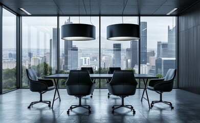 Fototapeta premium There are white floors and black furniture in the meeting room of a modern office. There are large windows looking forward to seeing the fog in the city background.