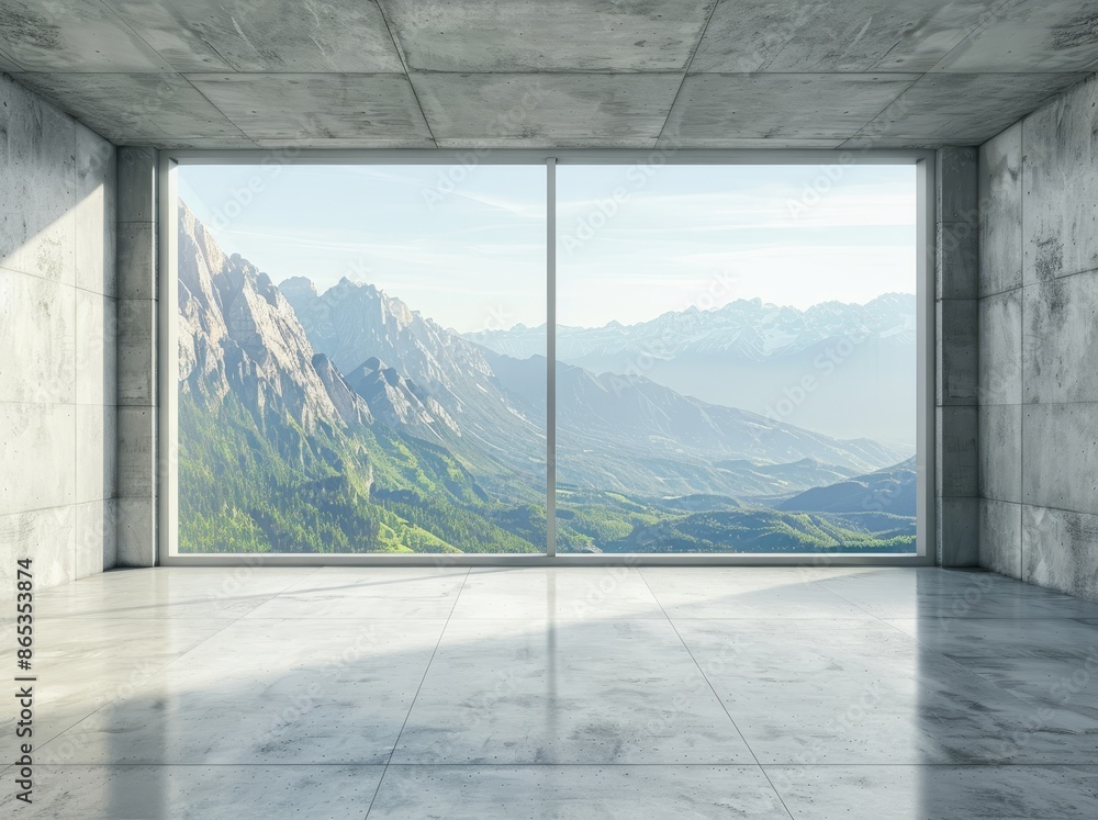 Poster a 3d rendering of an empty concrete room with a large window against a mountainous background.