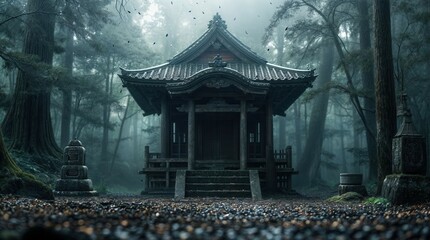 An oriental house in the forest in the morning. The weather is foggy. Gazebo for relaxation
