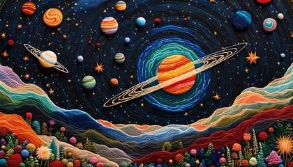 Solar System Embroidery Art On Canvas