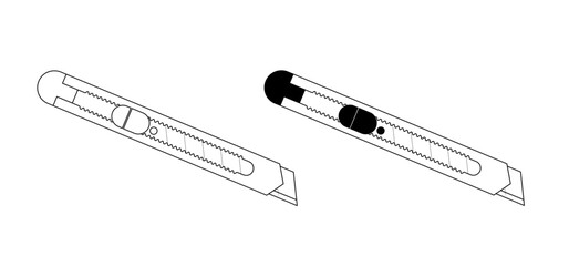 Naklejka premium Break off knife. Cartoon cutter knives. retractable blade or knife. Paper or cardboard cutter. Work, school tools. break off blade concept. Utility knife or jackknife. Spare blade for cutter. 
