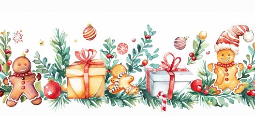 In watercolor, this modern card features a gift box, Christmas balls, garland, and fir branches.