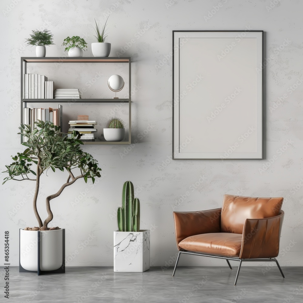 Poster The canvas mockup is set in a minimalist interior with an armchair and rustic decor in the front view. It is a 3D rendering.