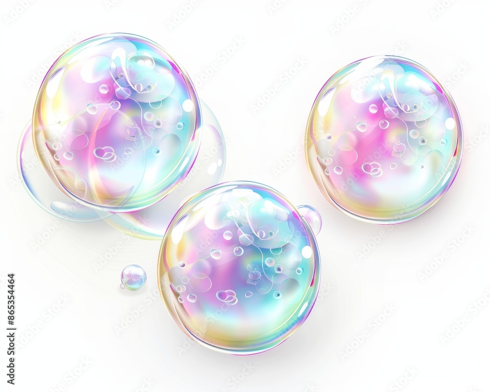 Poster bubble of soap floating on white background. rainbow iridescent ball and soap bubble on white backgr