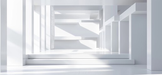 Obraz premium A luxury white abstract architectural minimalistic background. Contemporary showroom. Modern exhibition stand. Empty gallery. Backlight. A polygonal graphic design. A 3D illustration.