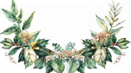 Flowers and foliage in a watercolor wreath.