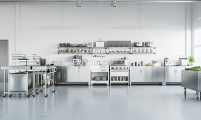 Gray concrete resin vinyl floor in commercial, professional bakery restaurant kitchen with stainless steel cabinet, sink, trash bin, machine, equipment. Industrial interior design background 3D.