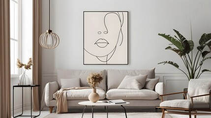 Minimalist Living Room with Framed Abstract Art and Potted Plant