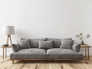 An interior mockup with a living room, a sofa and a table with a flower on it. 3D illustration and 3D rendering.