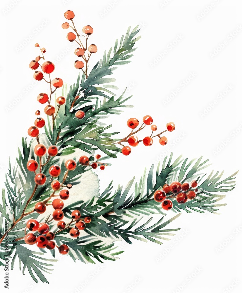 Canvas Prints A watercolor modern bouquet of spruce and holly branches for Christmas.