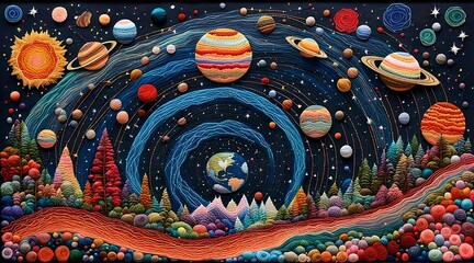 Solar System Embroidery Art On Canvas