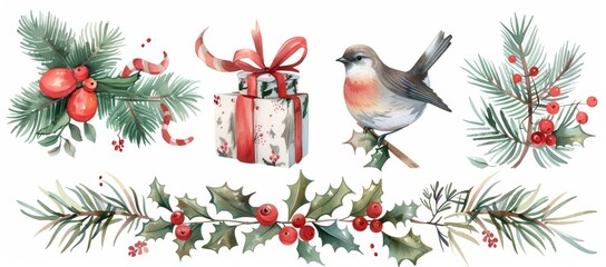 This set of modern watercolor bouquets features fir branches and holly.