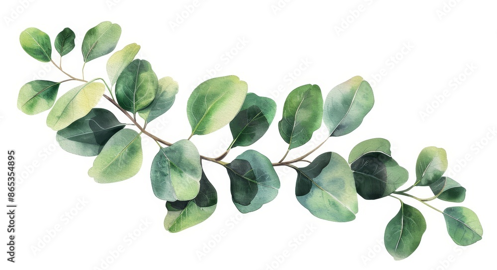 Wall mural A watercolor image of an eucalyptus green twig. Perfect for wedding invitations, postcards, scrapbooking, stickers, packaging, greeting cards, and textile fabrics. - Wall murals