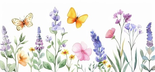 Flowers and butterflies with watercolor effects. Perfect for printed products, party invitations, weddings, wallpaper, textiles, digital scrapbooking, greeting cards, and more.