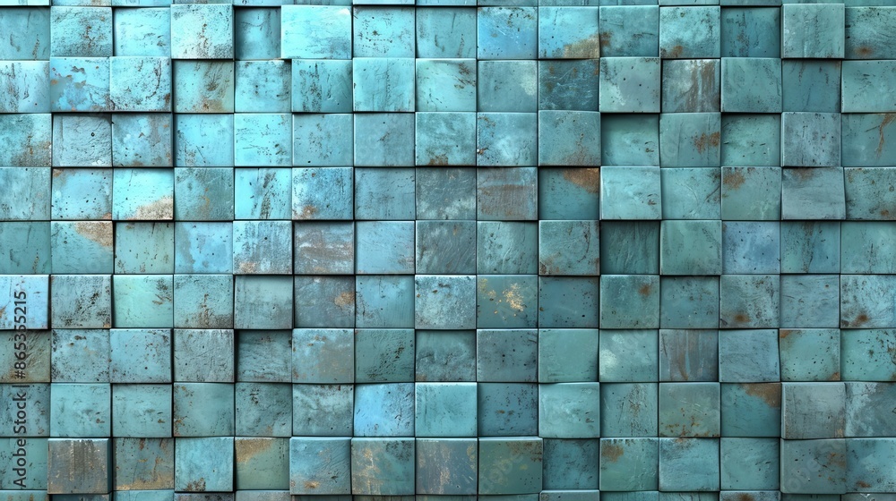 Poster three-dimensional rendering of a blue patina mosaic wall. layers of arabesque, 3d, textured blocks a