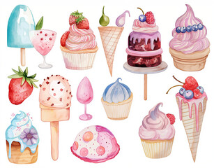 Watercolor set of cute ice cream and cake for cute baby design