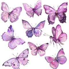 Fototapeta premium A watercolor set of bright pink butterflies painted by hand.