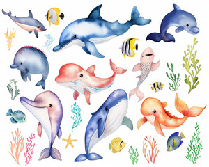 Watercolor set of cute fish and underwater animals for cute baby design