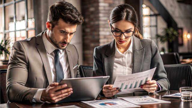 Two business professionals, one male and one female, closely examining financial documents with graphs and charts.
