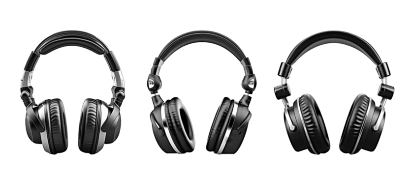 Set of professional computer headphones, headphones for mobile and laptops, cut out png on transparent background