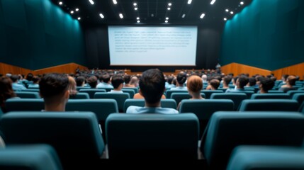 Audience seen from the back, seated in rows inside a lecture hall, watching a presenter on stage giving a detailed presentation, slides displayed on a large screen, ambient lighting, engaged crowd