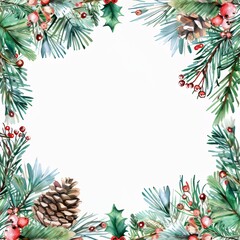 Fototapeta premium A watercolor modern Christmas square frame featuring fir branches, red berries, cones, a border and a wreath. A greeting card illustration for New Year's invitations. This illustration is hand drawn.