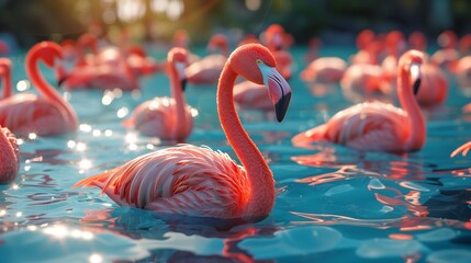 3D Rendering: Pool with Lots of Flamingo Floats (8K)