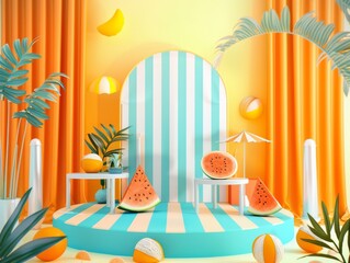 A bright summer-themed backdrop with striped orange and blue curtains, an abstract geometric shape resembling the top of a swimming pool or beach ball, small tables for product display, watermelon sli