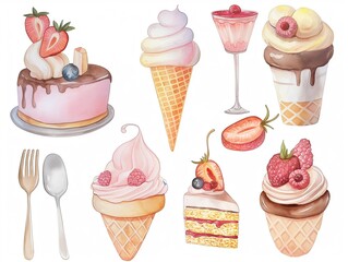 Watercolor set of cute ice cream and cake for cute baby design