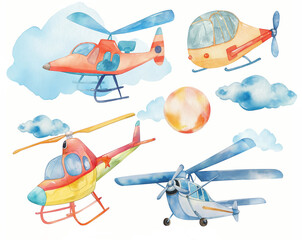 Cute Pink Watercolor Plane and Helicopter Set, Watercolor set of cute airplanes and helicopters for cute baby design