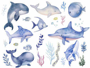 Fototapeta premium Watercolor set of cute fish and underwater animals for cute baby design
