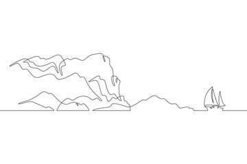 Cliff in the sea. Sea cliffs. Sailing yacht off the coast. Rocky shore. Bay in the ocean.One continuous line drawing on a white isolated background. Minimalism linear illustration.