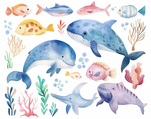 Watercolor set of cute fish and underwater animals for cute baby design