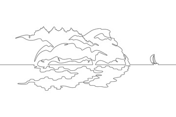 Cliff in the sea. Sea cliffs. Sailing yacht off the coast. Rocky shore. Bay in the ocean.One continuous line drawing on a white isolated background. Minimalism linear illustration.