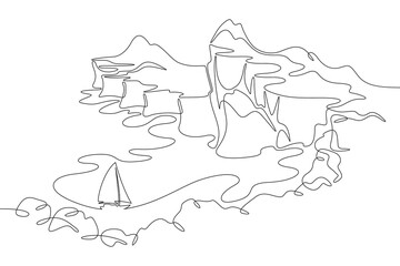 Cliff in the sea. Sea cliffs. Sailing yacht off the coast. Rocky shore. Bay in the ocean.One continuous line drawing on a white isolated background. Minimalism linear illustration.