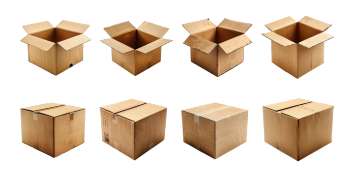 Set of boxes parcels or cardboard for packaging cutout isolated on transparent png background, open and close card boards.