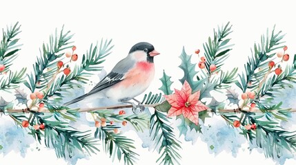 Christmas banner rendered in watercolor and adorned with poinsettias, bullfinch, and fir branches.