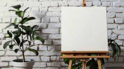A blank canvas on a wooden easel against a textured white brick wall