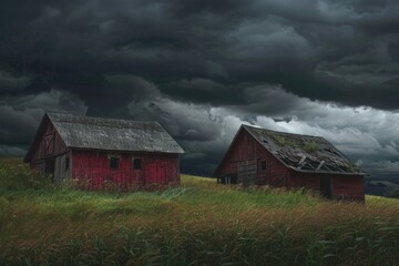Fototapeta premium Old Barns. Abandoned Red Barns on Troubled Farmhouse Facing Stormy Weather