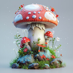 Red and white toadstool with white spots. 3D rendering.