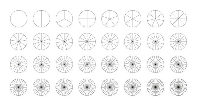 Pie, pizza charts template set. Segmented charts from 1 to 32 collection. Many number of sectors divide the circle on equal parts. Outline black graphics. Segments infographic. Diagram wheels.