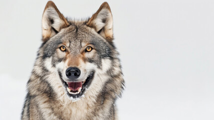 Fototapeta premium A happy wolf with a brown and gray coat is smiling and looking at the camera