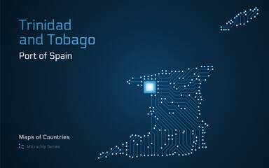 A microchip-style vector map of Trinidad and Tobago, with Port of Spain highlighted as a processor