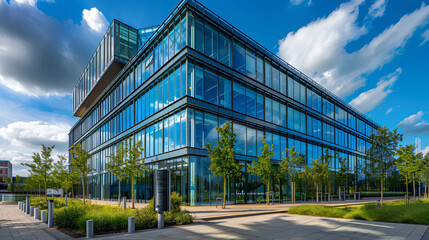 Obraz premium Modern glass office building exterior with green landscaping on a sunny day. Concepts. corporate architecture, business, sustainability, commercial real estate
