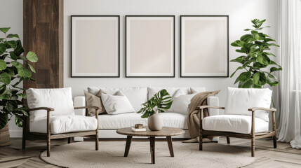 Frame mockup living room wall poster mockup. Interior mockup with house background. Modern interior design. 3D render