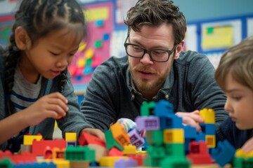 Teacher and Students Building with Colorful Blocks