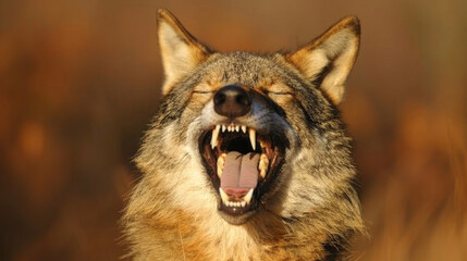 Obraz premium A wild animal with a mouth wide open, showing its teeth, yawning on a sunny day