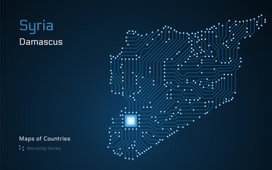 A microchip-style vector map of Syria, with Damascus highlighted as a processor